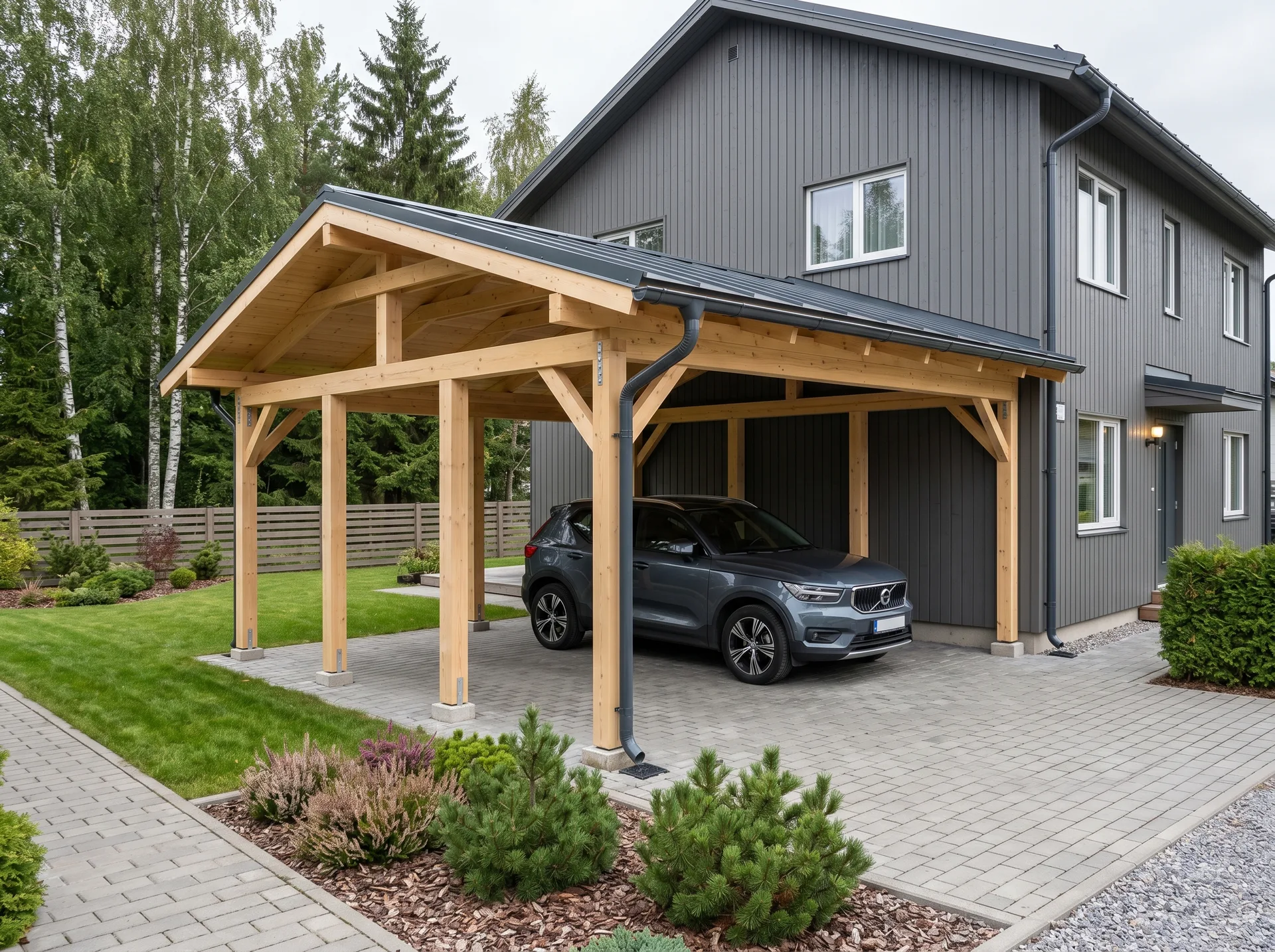 Puidust autovarjualune kaasaegse eramaja kõrval