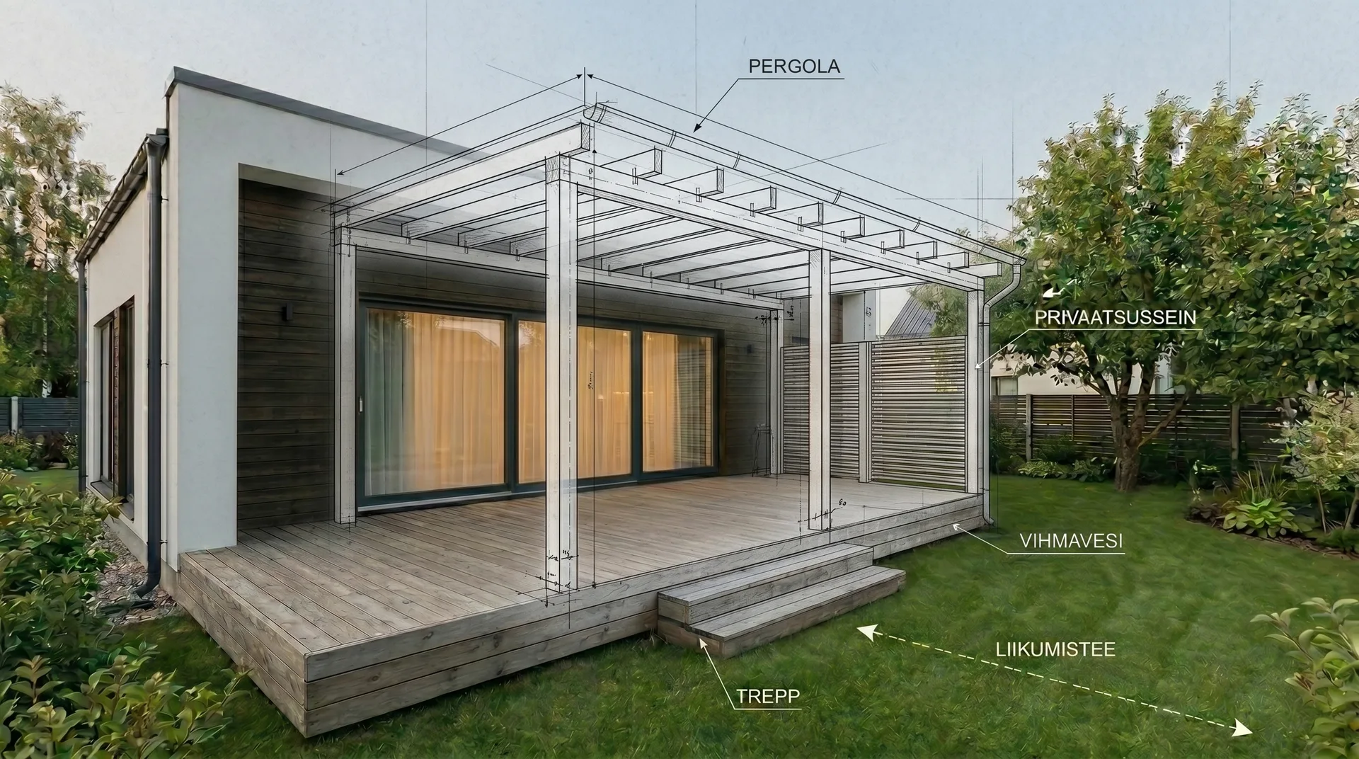 Pergola ja varikatuse planeerimise joonis terrassi, privaatsusseina, vihmavee ja liikumisteega Tartumaal