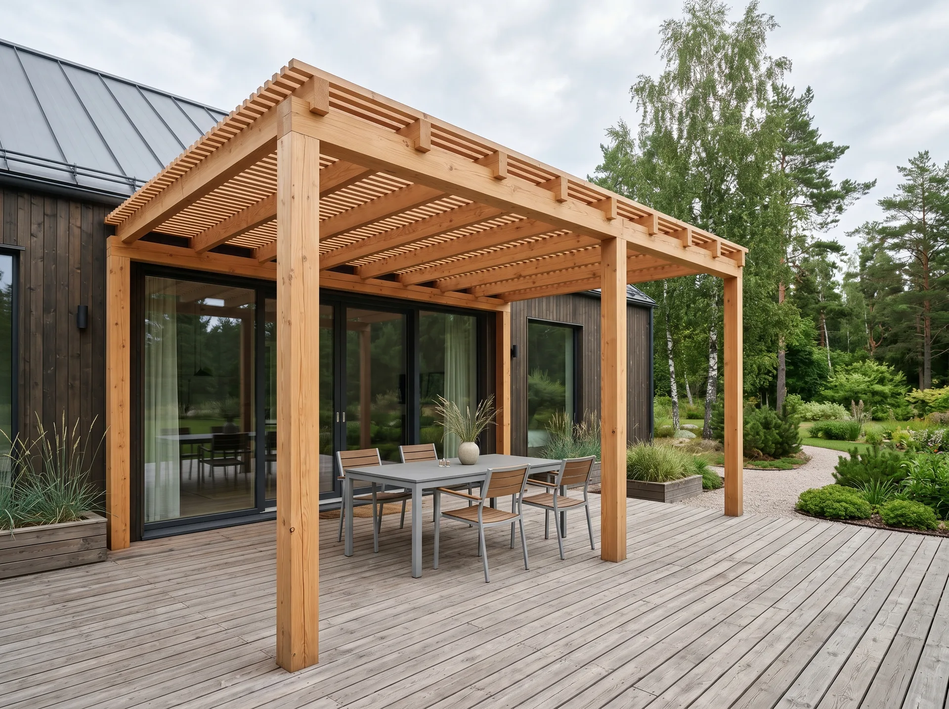 Puidust pergola ja varikatusega terrass kaasaegse maja kõrval