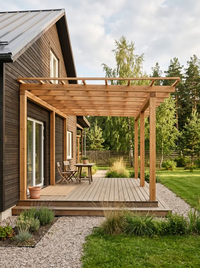 Puidust pergola terrassile eramaja kõrval Tartumaal