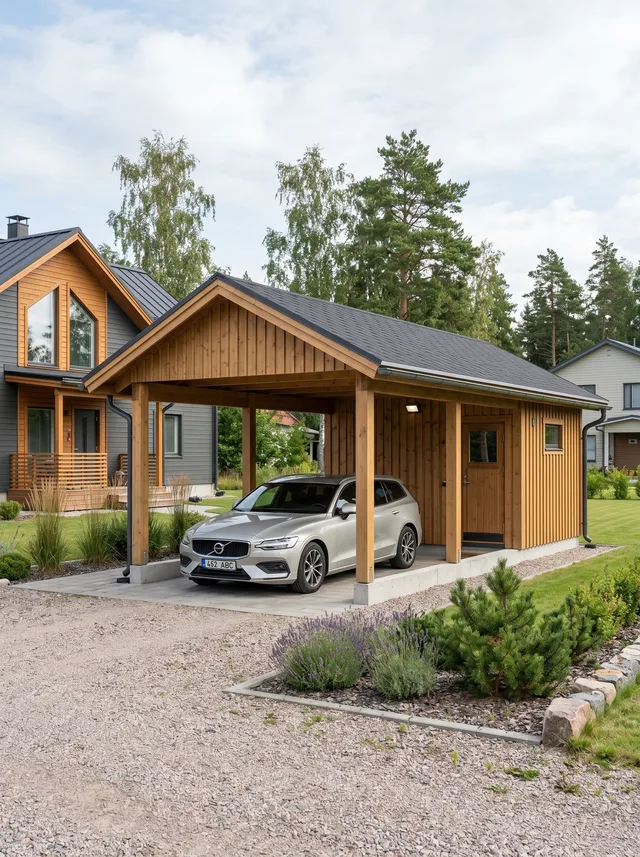 Puitkarkassiga autovarjualune eramaja kõrval Tartumaal